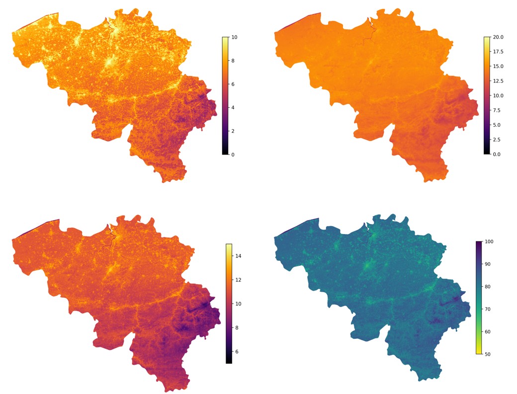 Average UrbNet output over Belgium for 2010–2020, showing daily minimum temperature (upper left), daily maximum temperature (upper right), daily mean temperature (lower left) and daily mean relative humidity (lower right). Temperature is expressed in °C and relative humidity in %.