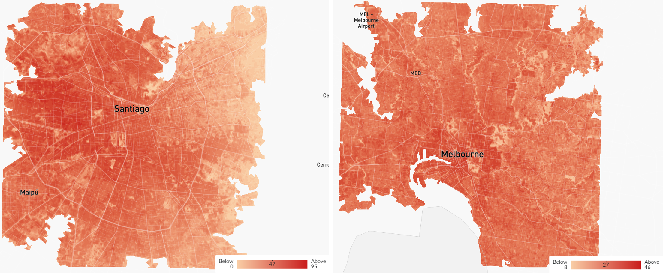 Number of heat stress days per year in Santiago (Chile) and Melbourne (Australia)